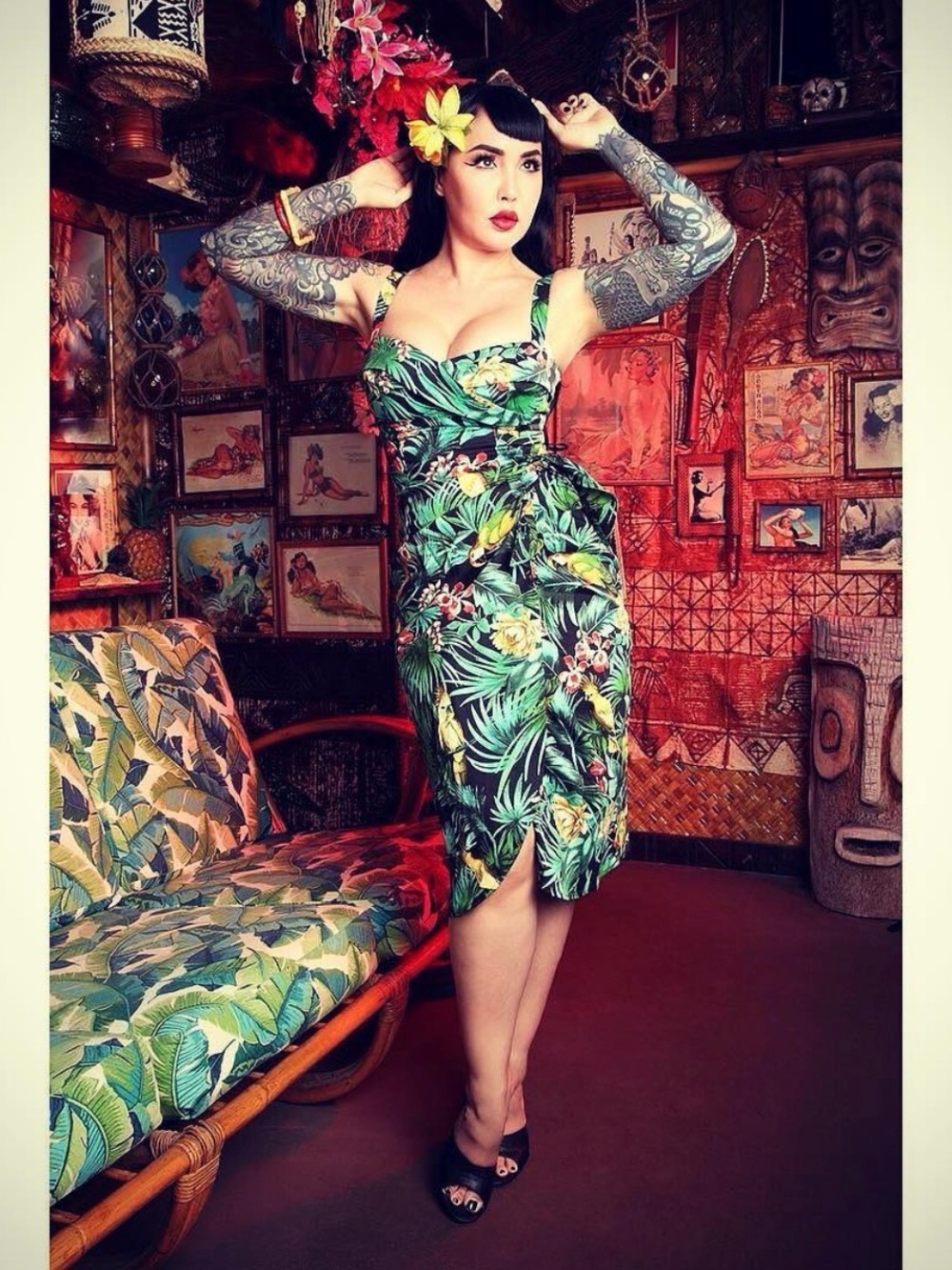 Pinup Couture Tropical Green & Yellow Floral Wiggle Dress with Bolero
